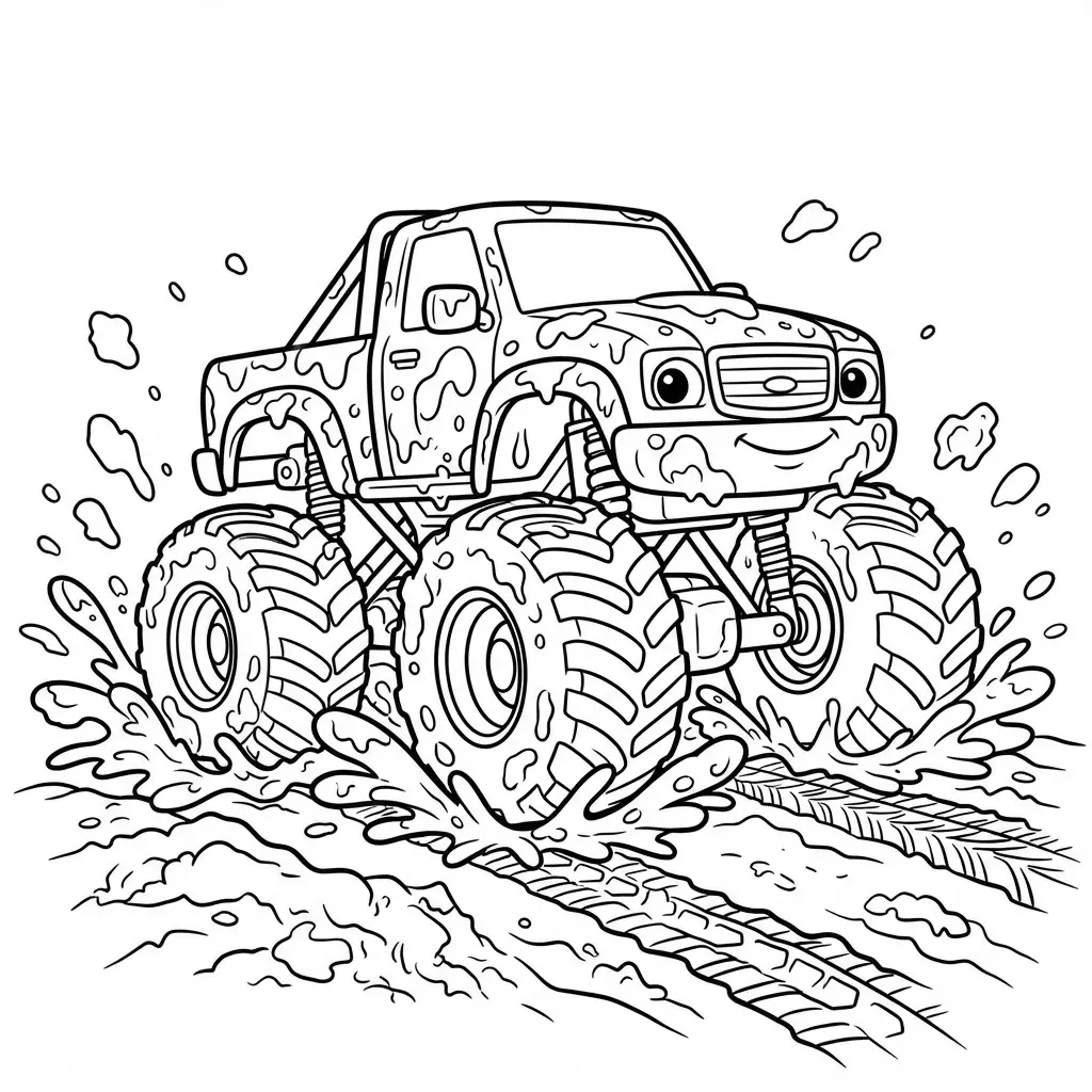 Black-line coloring sheet showing a muddy off-road vehicle with splashes, thick tires, and a dirt track.