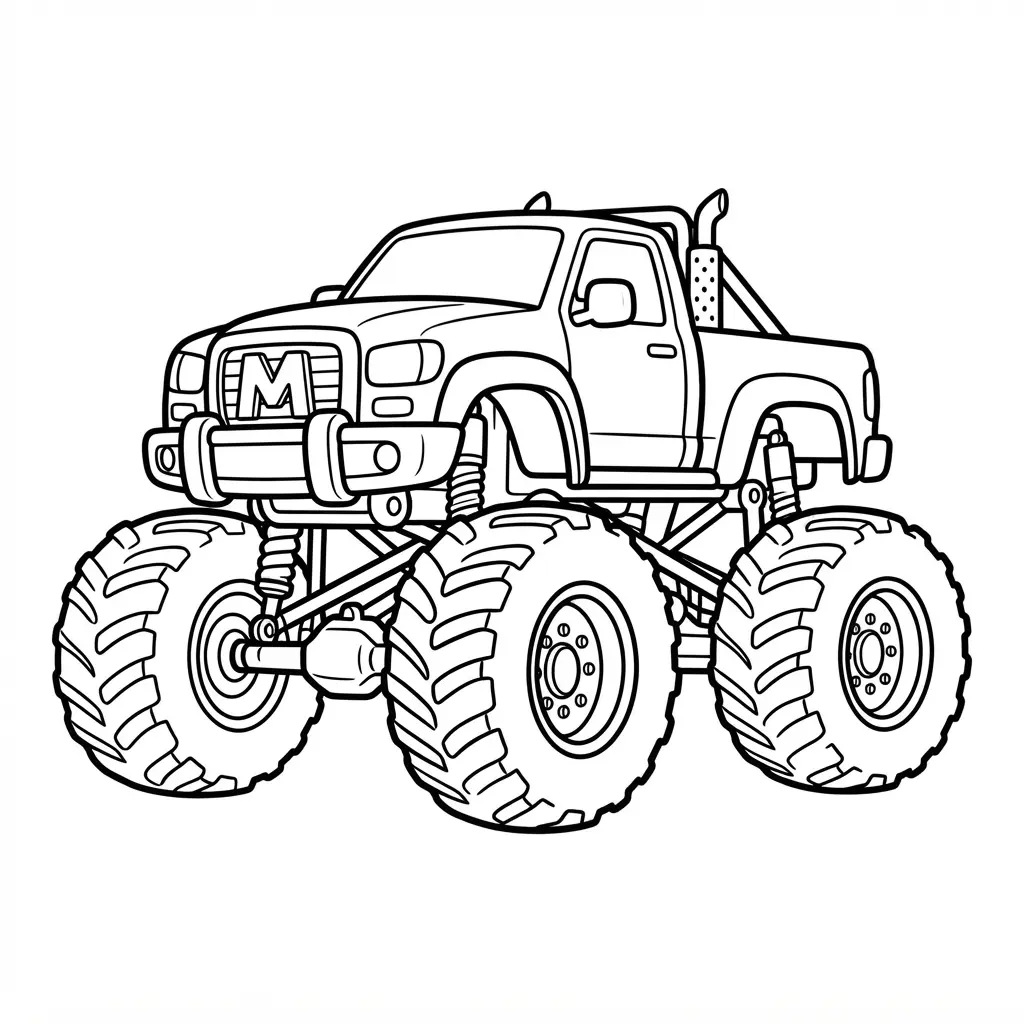 Monster truck coloring pages show oversized tires, a raised cab, a broad grille, and clear coloring outlines.