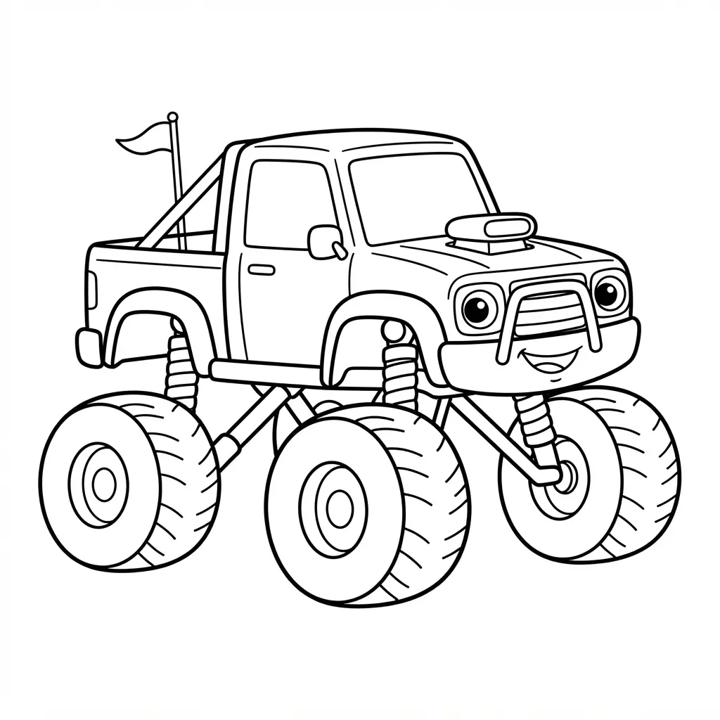 Black-line cartoon off-road vehicle with smiling headlights, rounded shapes, and large simple tires.