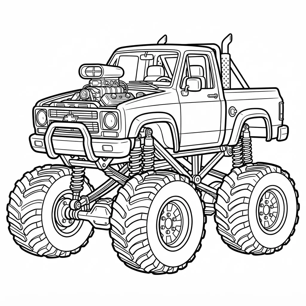Monster truck coloring pages show a realistic sketch with engine parts, suspension bars, and deeply grooved tires.