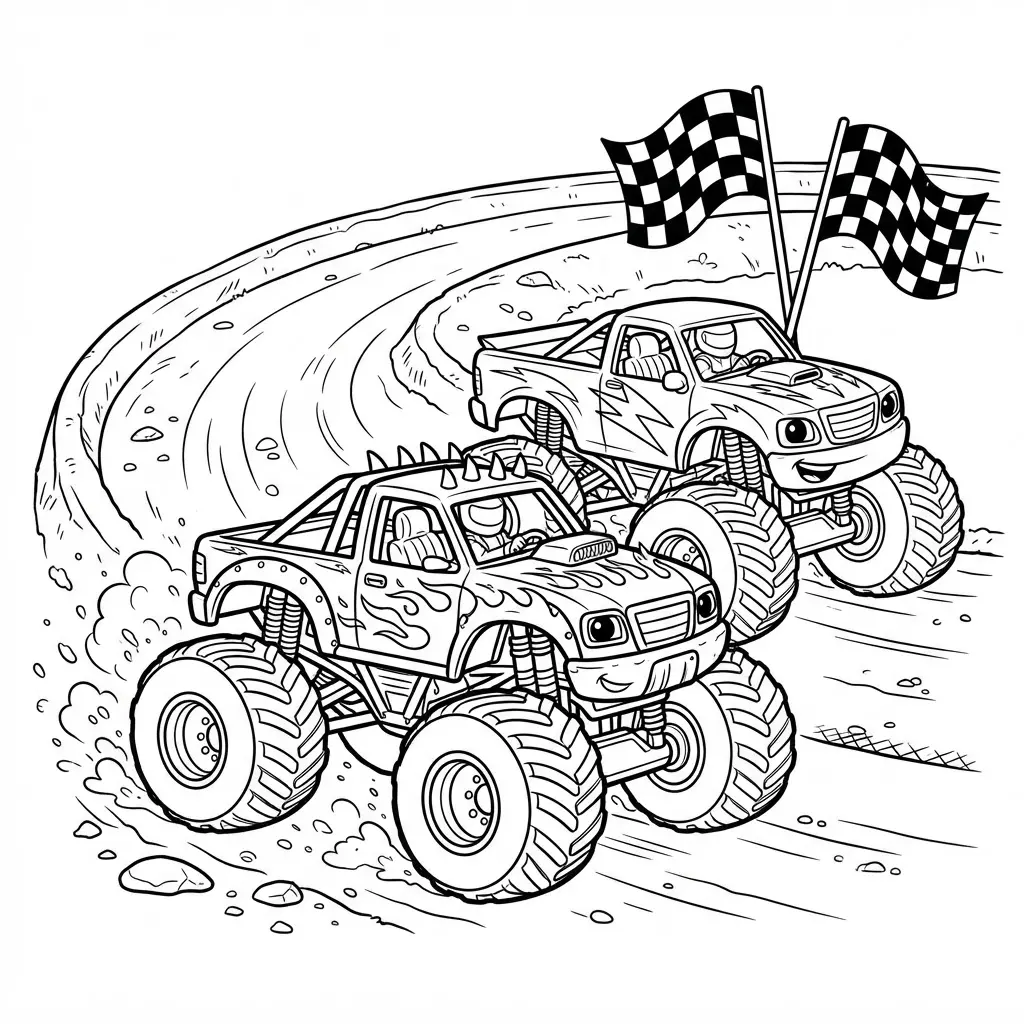 Black-line race scene showing two oversized off-road vehicles speeding past flags and a raised dirt turn.