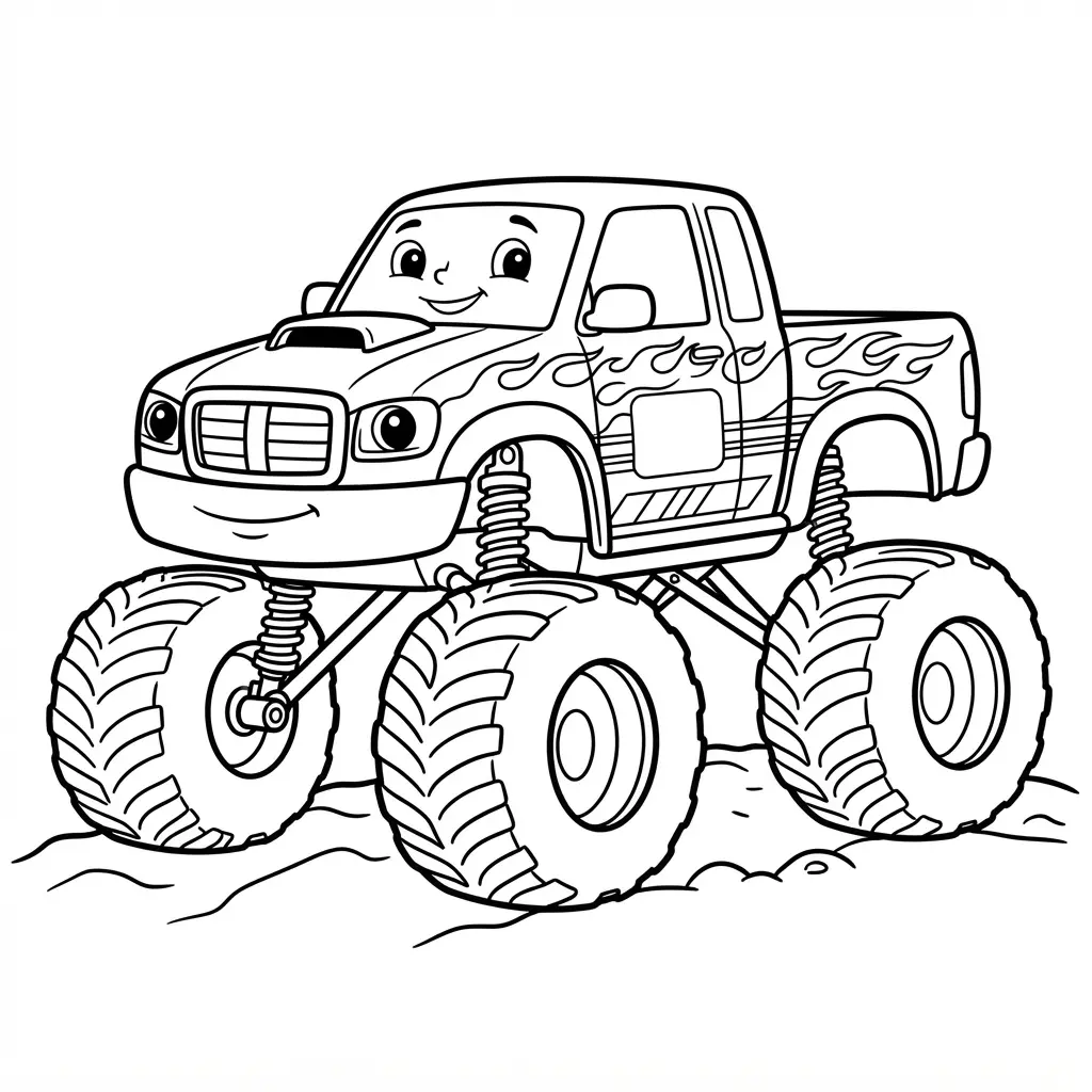 Monster truck coloring pages show flame shapes along the sides, a raised cab, and thick tires on a track.