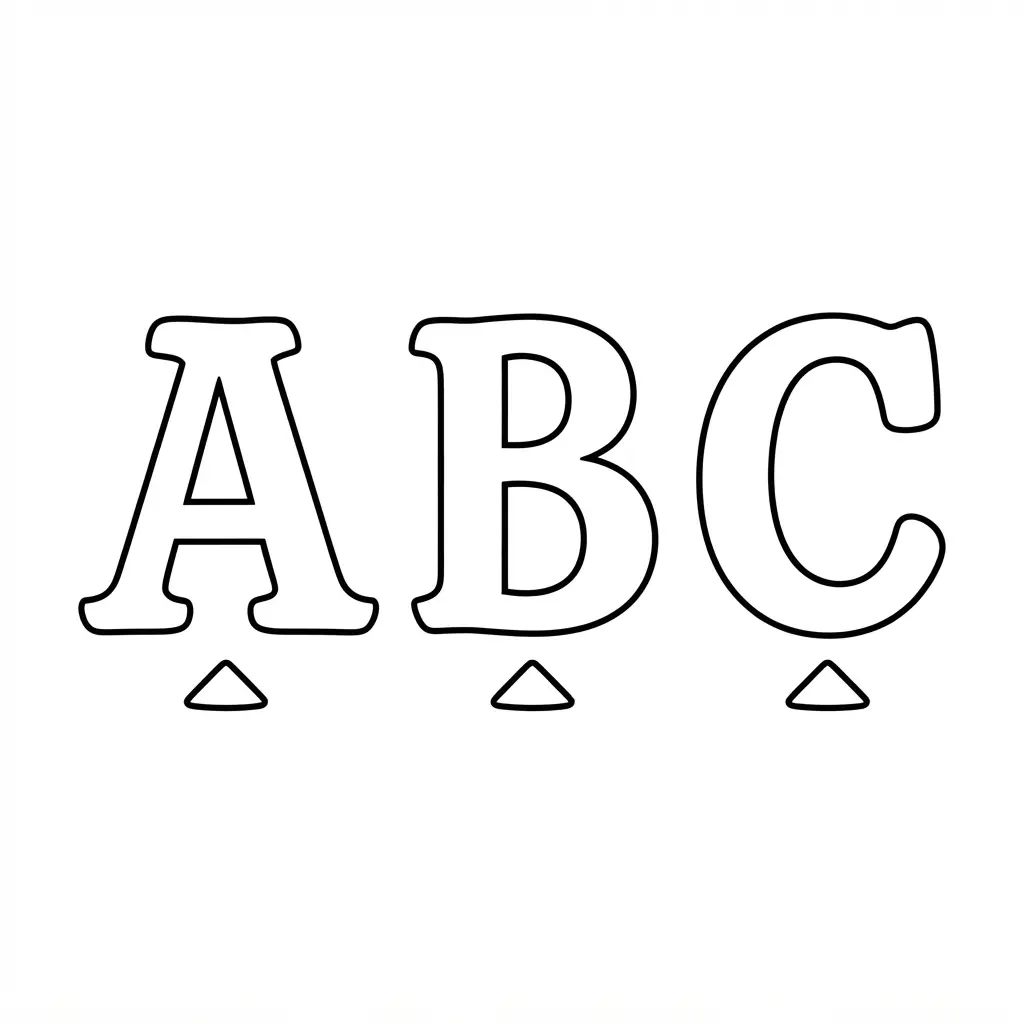 Whimsical serif alphabet banner pennants hang in a row with bold outlined letters.