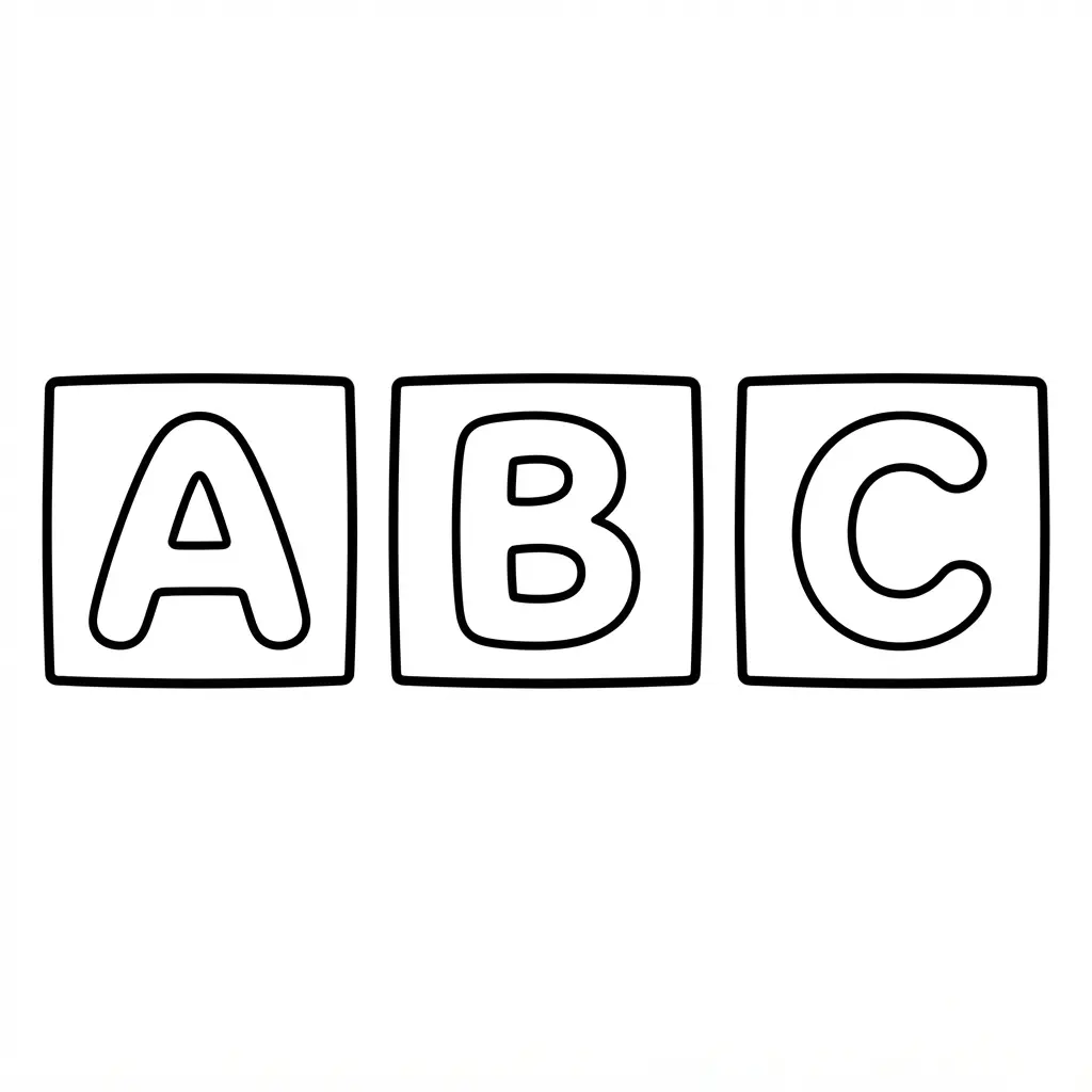 Decorative bordered alphabet tiles show outlined letters inside square frames on white paper.