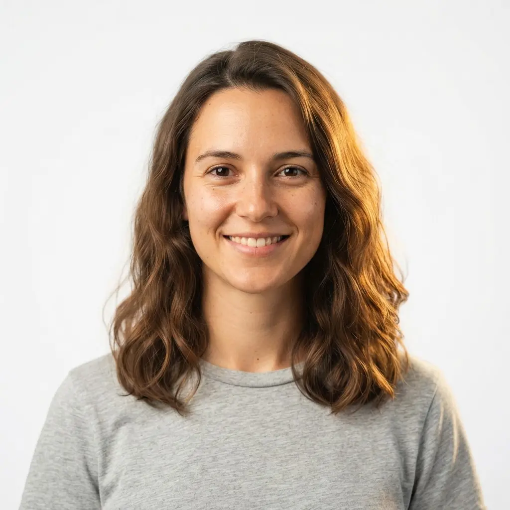 Person centered against a sleek white background in a minimalist headshot with even light and clear facial focus.