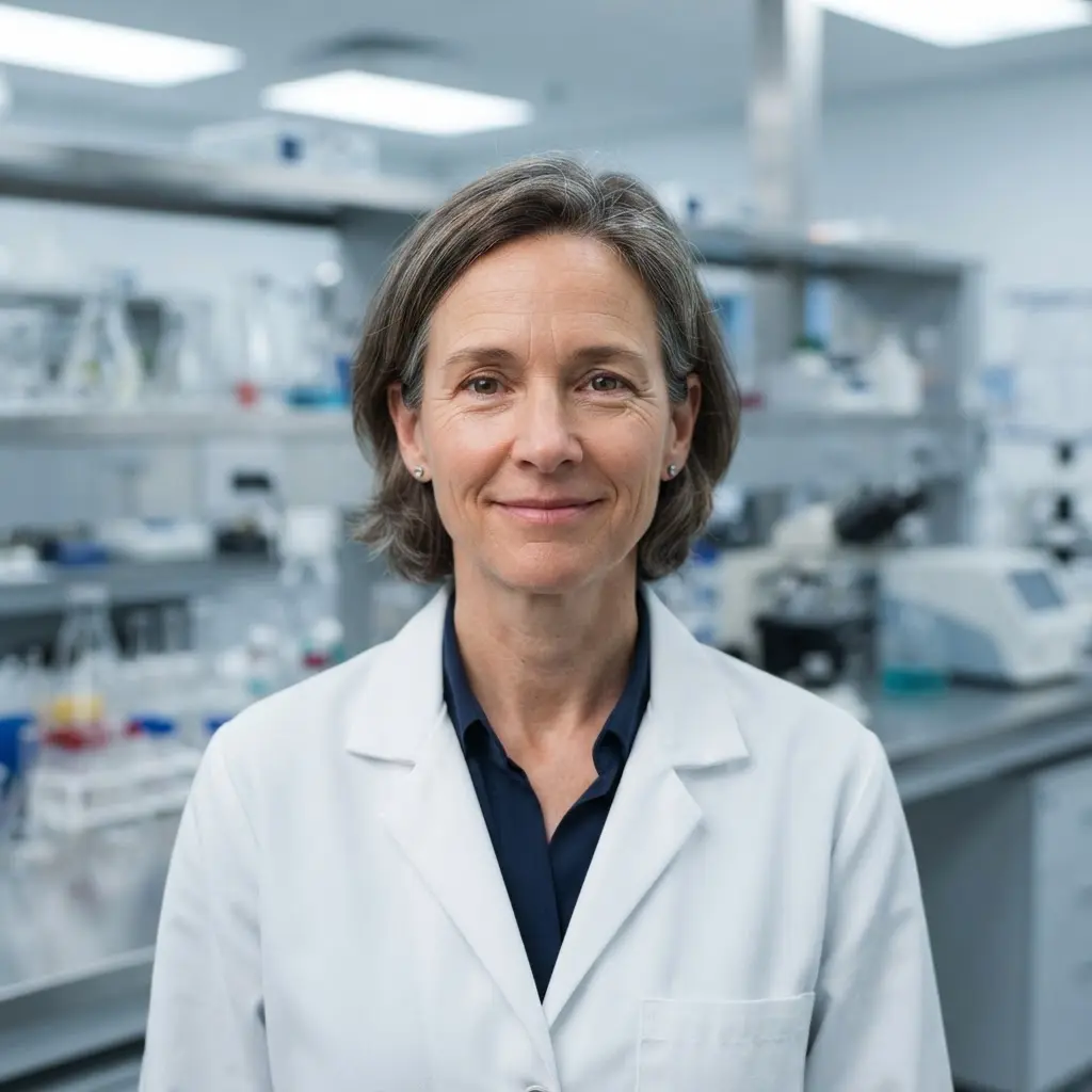Person wearing a lab coat in a laboratory portrait with counters, glassware, and bright overhead lighting visible.
