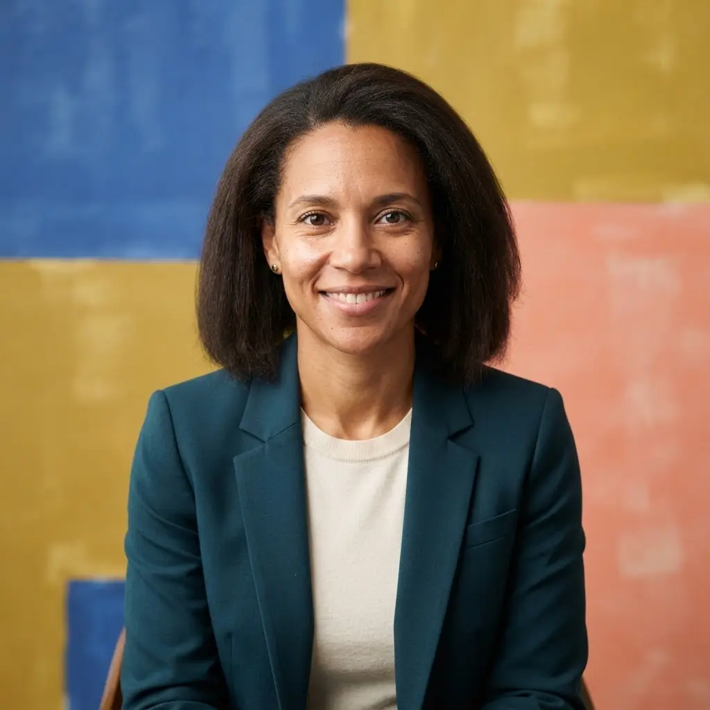 Professional headshot ideas featuring a person before geometric color blocks with balanced studio lighting and a centered pose.