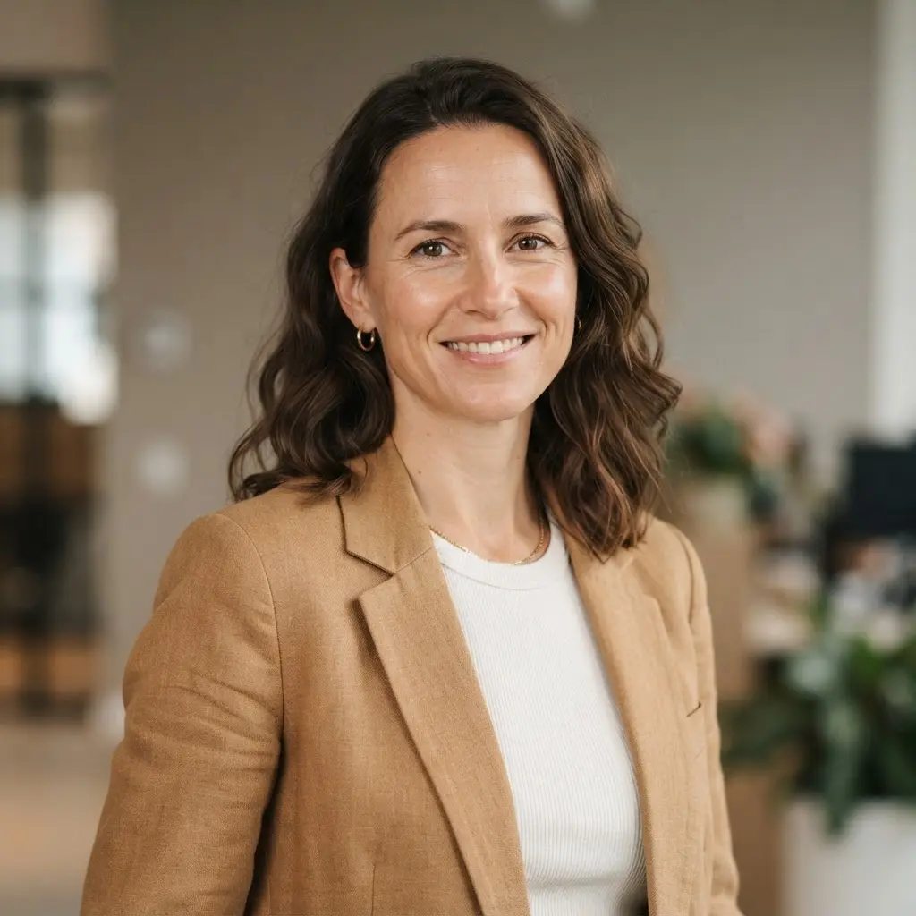 Person wearing a relaxed blazer in a smart casual headshot with soft light and a neutral indoor background.