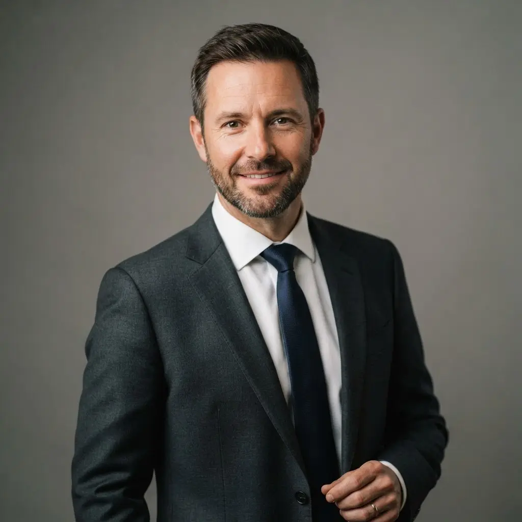 Professional headshot ideas showing a person in a formal suit against a simple studio backdrop with balanced lighting.