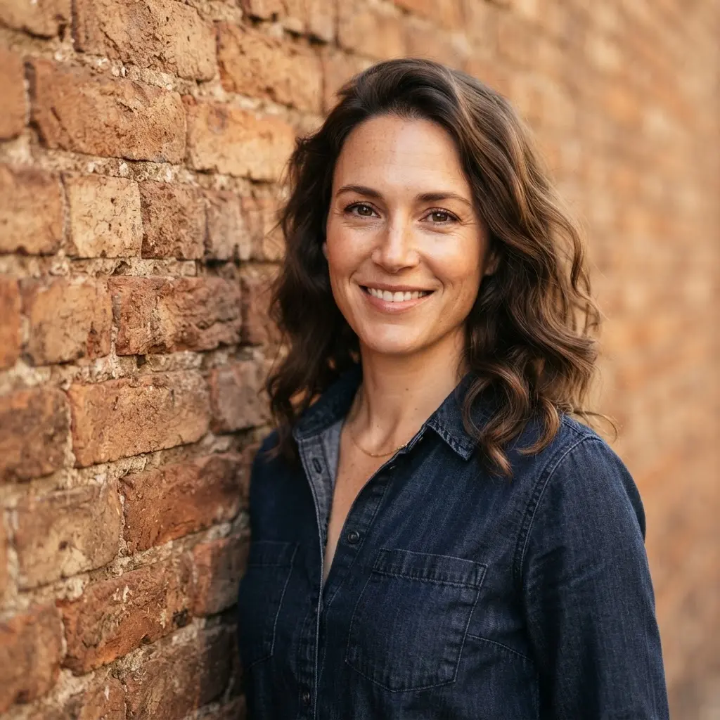 Person posed beside a textured brick wall in an urban portrait with warm side lighting and a relaxed expression.