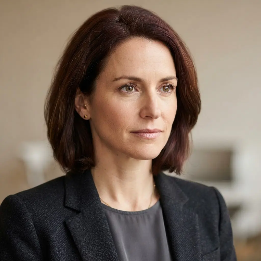 Close-up portrait showing a contemplative expression, sharp eyes, gentle skin tones, and a softly blurred neutral background.