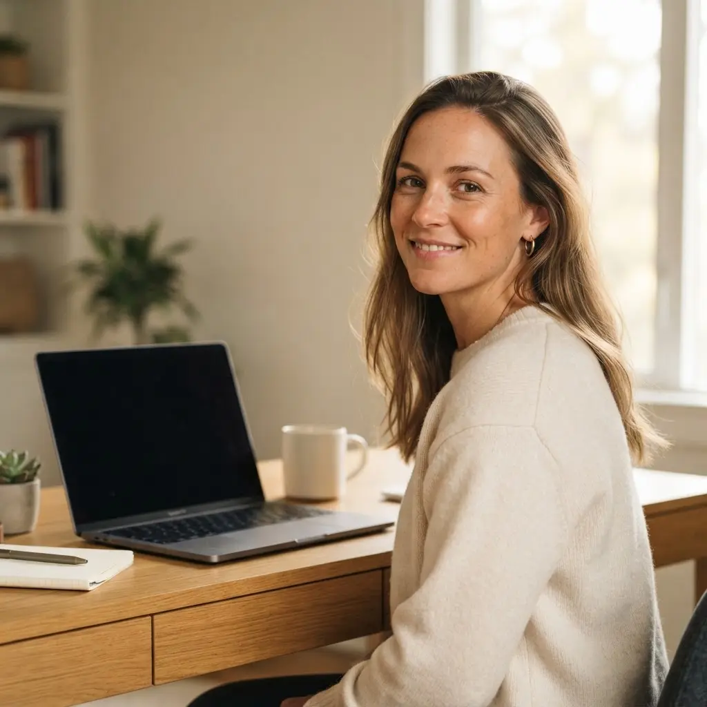Person seated at a desk beside an open laptop in an engaged work portrait with soft window light.