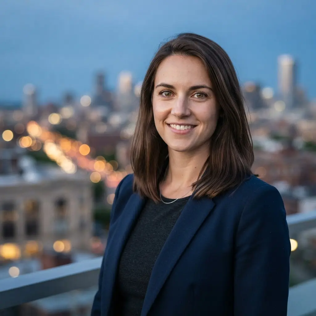 Professional headshot ideas featuring a person outdoors before a soft bokeh cityscape with evening light and clear eyes.
