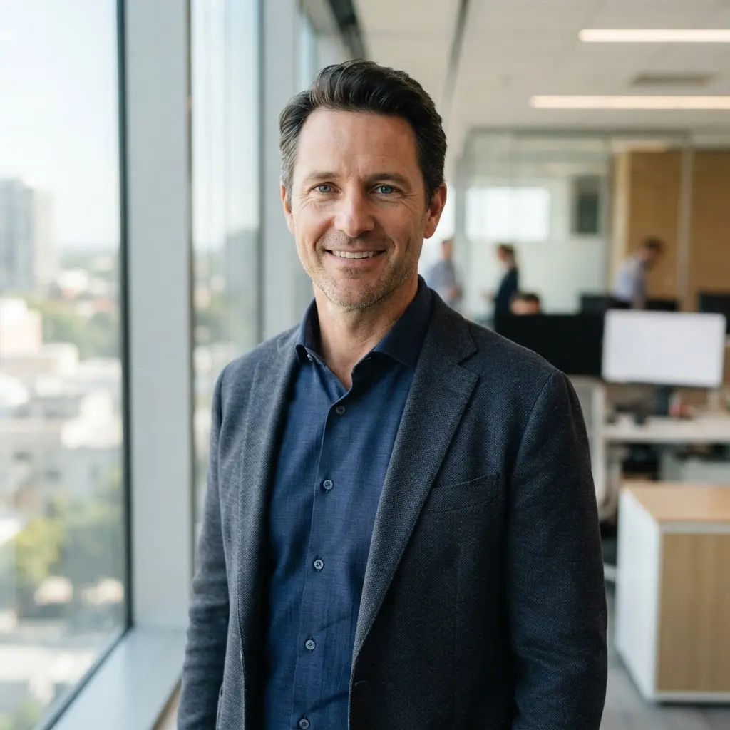 Person standing near an office window for a natural light corporate headshot with a softly blurred workspace.