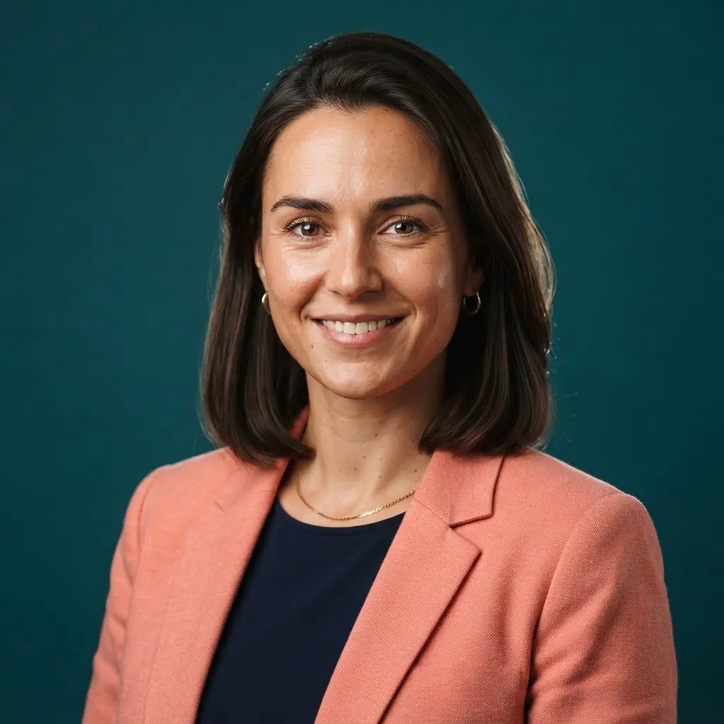 Person posed against a bold colored studio backdrop in a clean headshot with soft light and a confident expression.