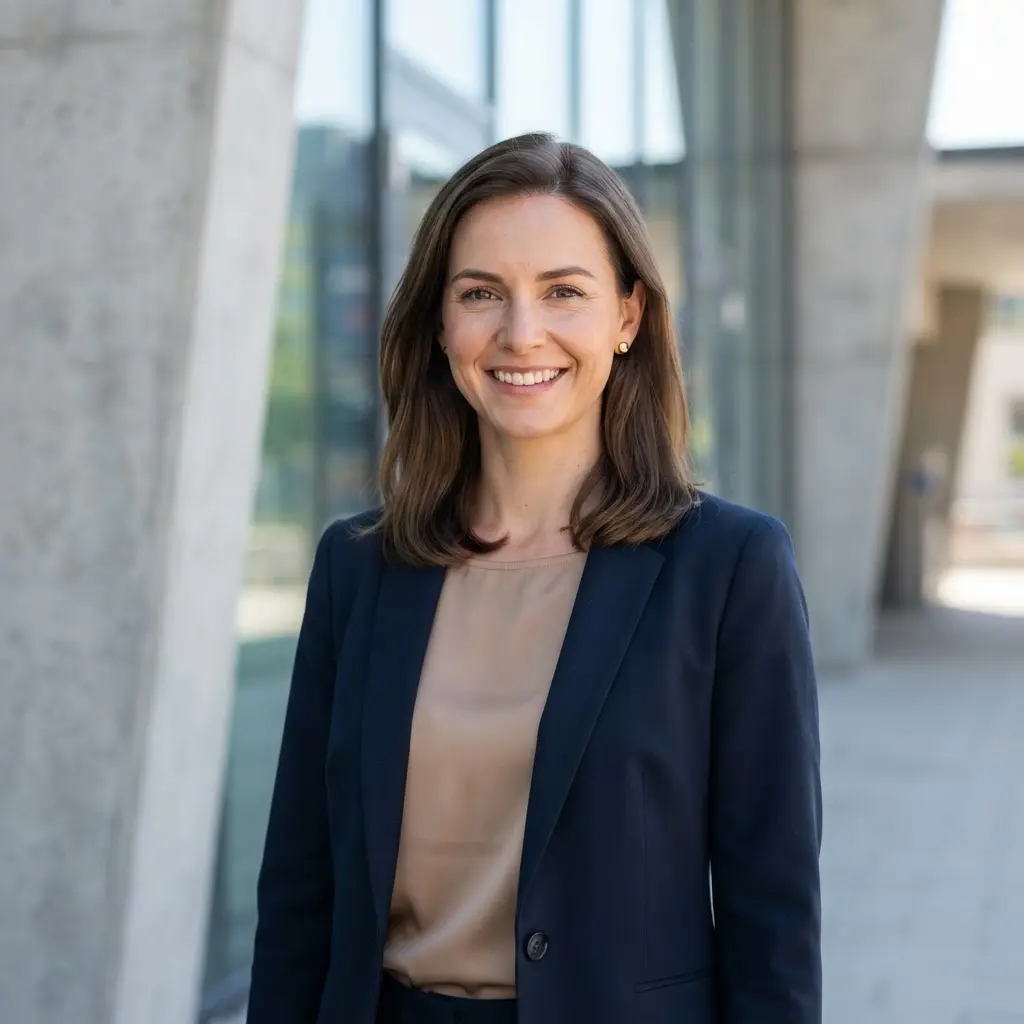 Professional headshot ideas showing a person outdoors beside modern architecture with soft daylight and clean composition.