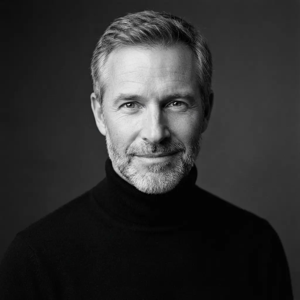 Person shown in a classic black and white studio headshot with sharp eyes, gentle shadows, and a plain backdrop.