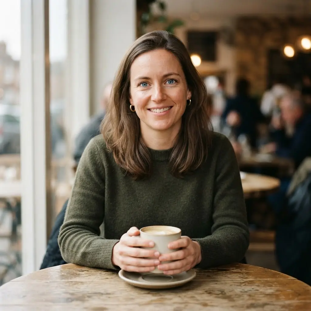 Professional headshot ideas featuring a relaxed coffee shop candid portrait with warm light and softly blurred tables.