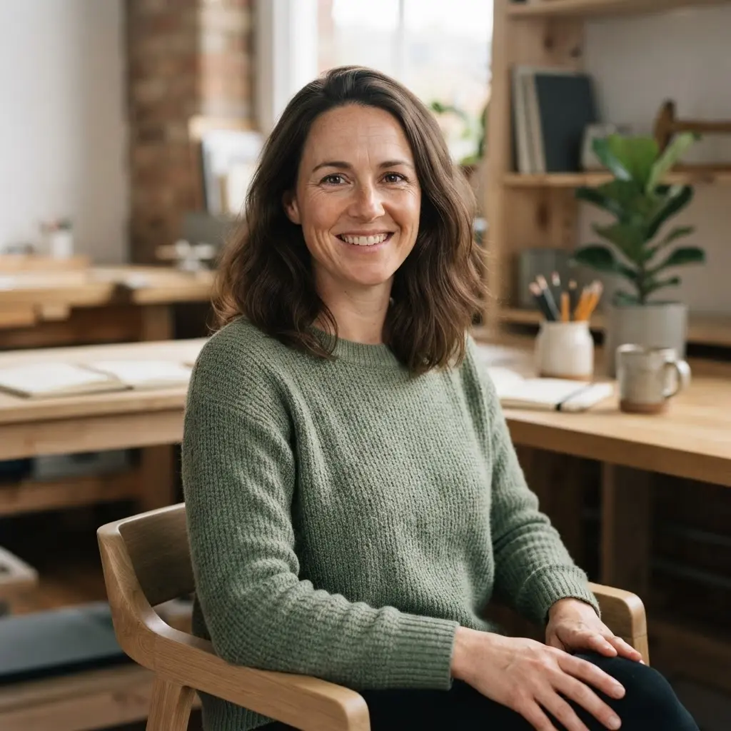 Person seated in a modern workspace environmental portrait surrounded by clean desks, tools, and soft background blur.