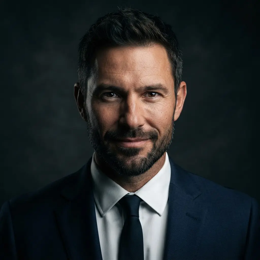 High contrast studio headshot showing one side of a person’s face in light and the other in controlled shadow.