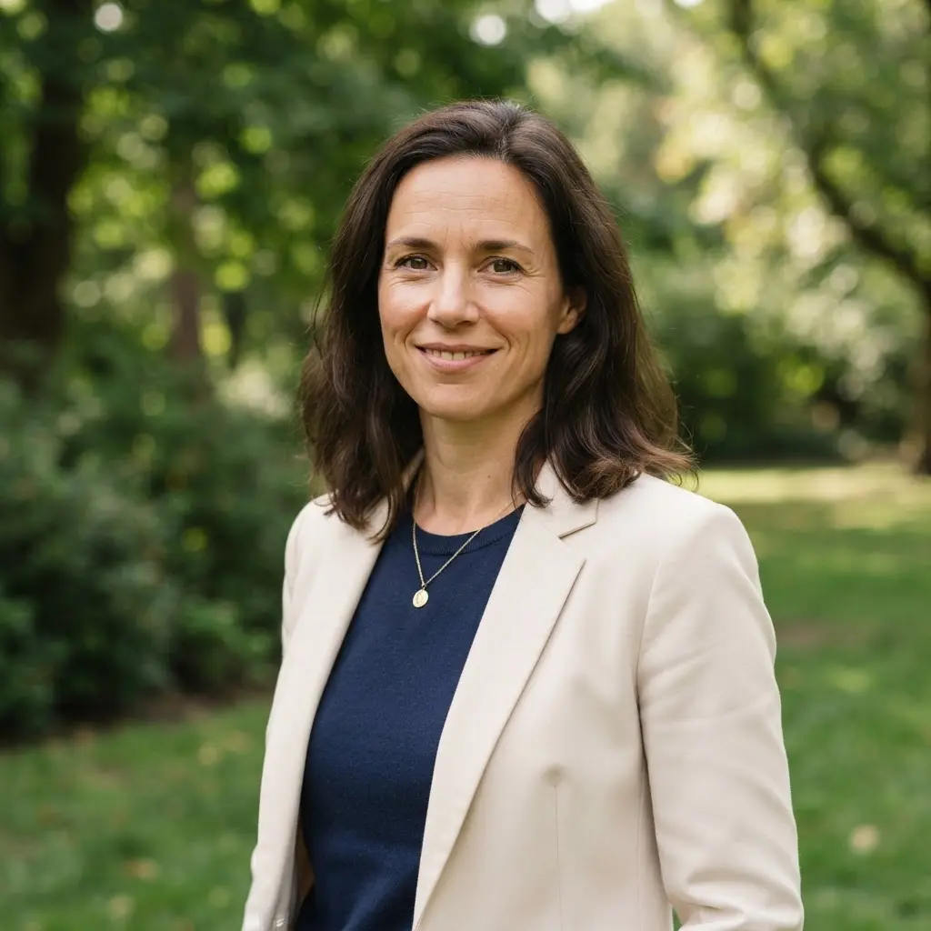 Person standing in a green park natural light portrait with leafy trees softly blurred behind the shoulders.