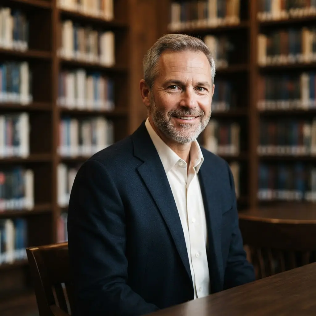 Professional headshot ideas showing a person in a library interior with rows of books and gentle side lighting.