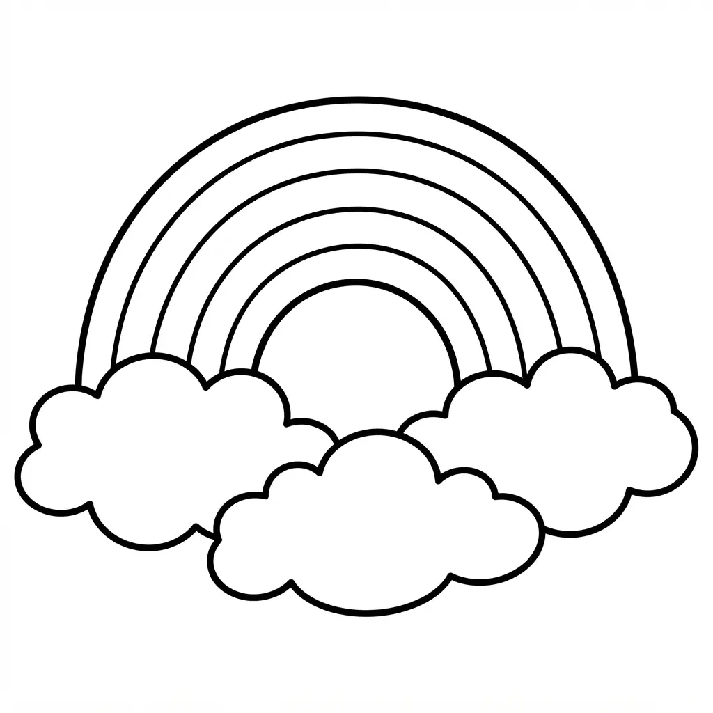 Thick black line art shows fluffy clouds beneath broad bands in a rainbow coloring page.