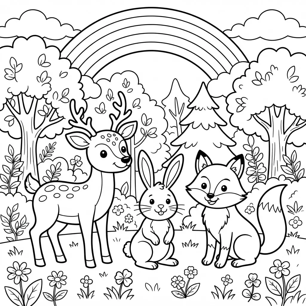 A fox, rabbit, and deer stand among trees and flowers in a clean woodland clearing scene.