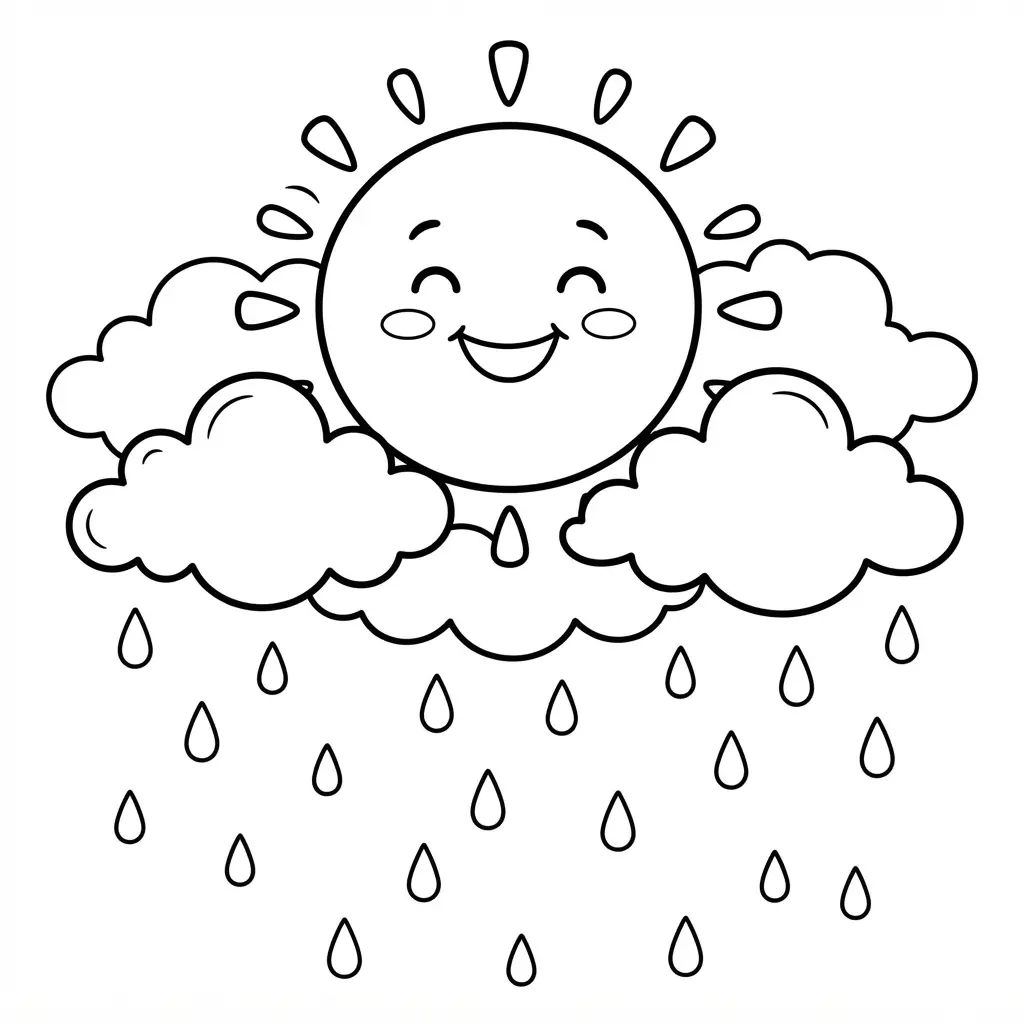 A smiling sun shines above clouds and raindrops in a clean black outline weather scene for children.