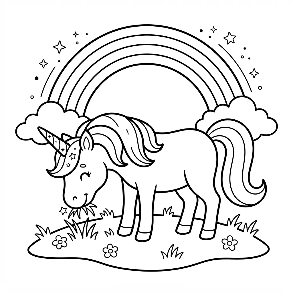 A unicorn grazes on grass beneath broad arcs and small clouds in a rainbow coloring page.