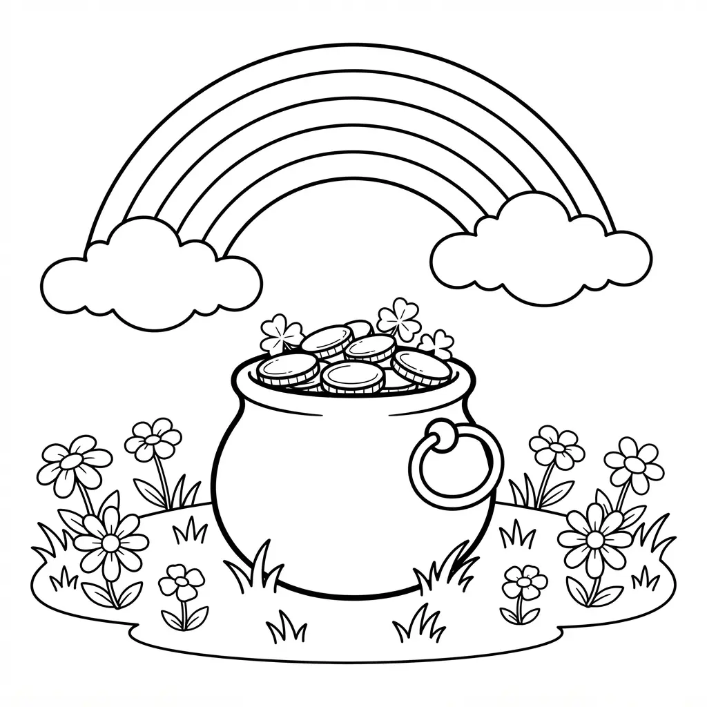 A pot filled with coins sits in a meadow with flowers and clouds in clean printable line art.