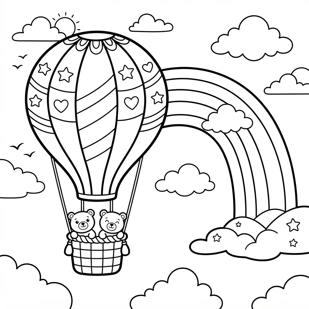 A striped hot air balloon floats near clouds and broad arcs in a rainbow coloring page.