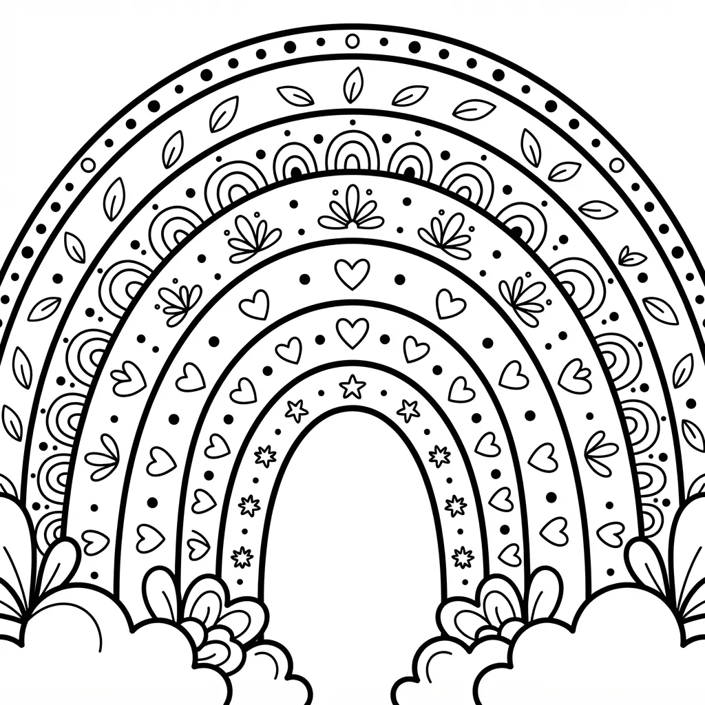 A centered arched pattern uses repeated curves, dots, leaves, and clean black outlines for coloring.