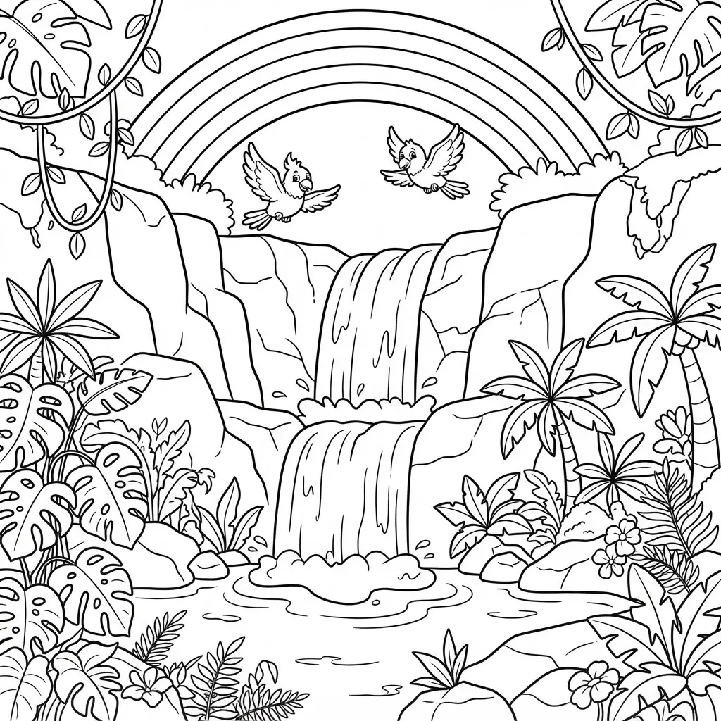 A waterfall flows through tropical plants beneath a wide arc in a rainbow coloring page.