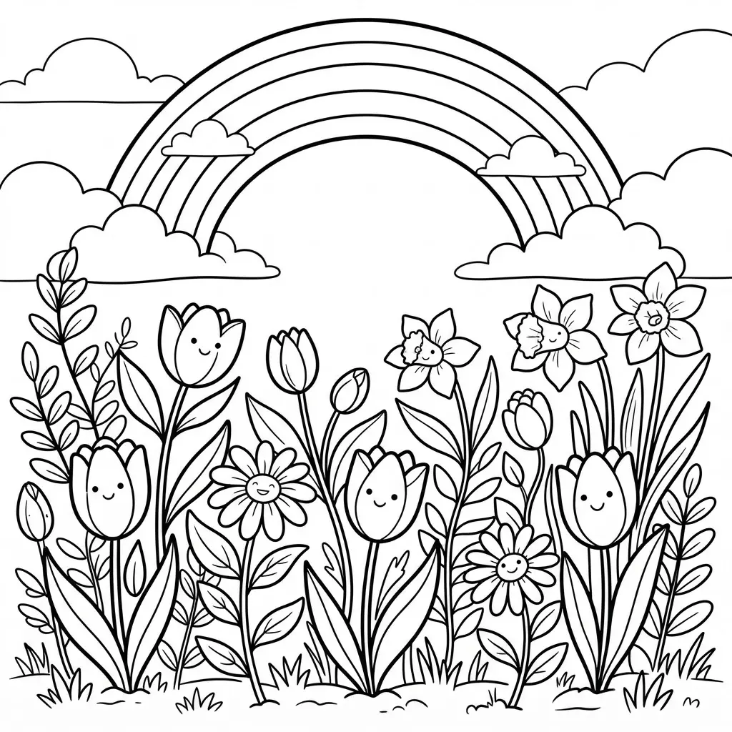 Spring flowers and leafy stems fill a garden below clouds and a wide arc in clean line art.