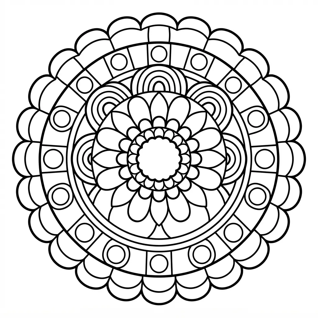 A geometric mandala features bold sections, circles, and petals in a rainbow coloring page.