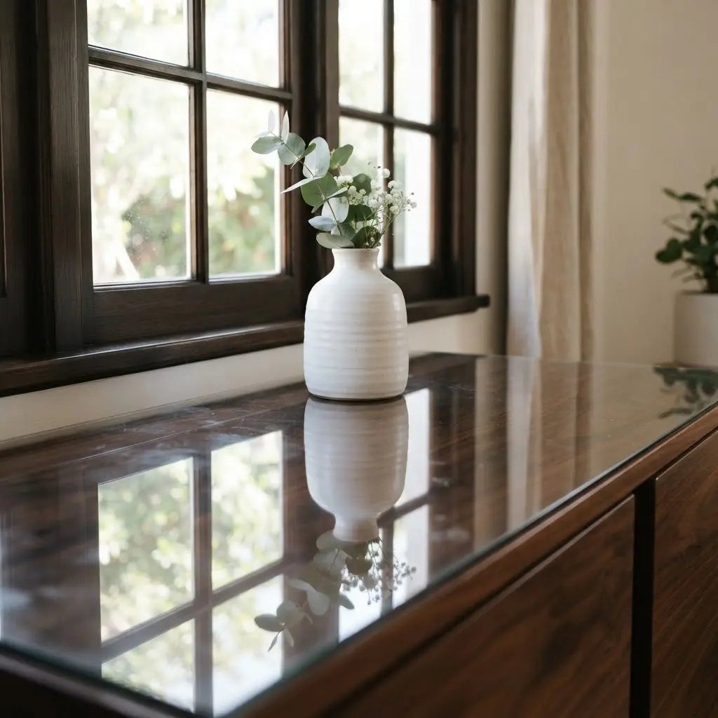 A ceramic vase and window frame reflected on high gloss furniture, showing reflection photography ideas.