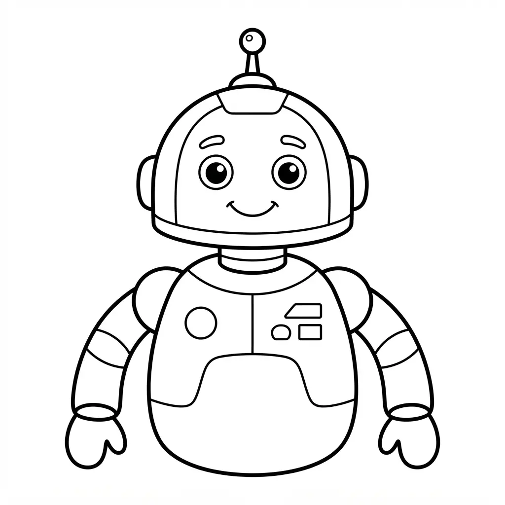 Robot coloring pages showing a smiling household helper bot with rounded hands, simple panels, and bold black outlines.