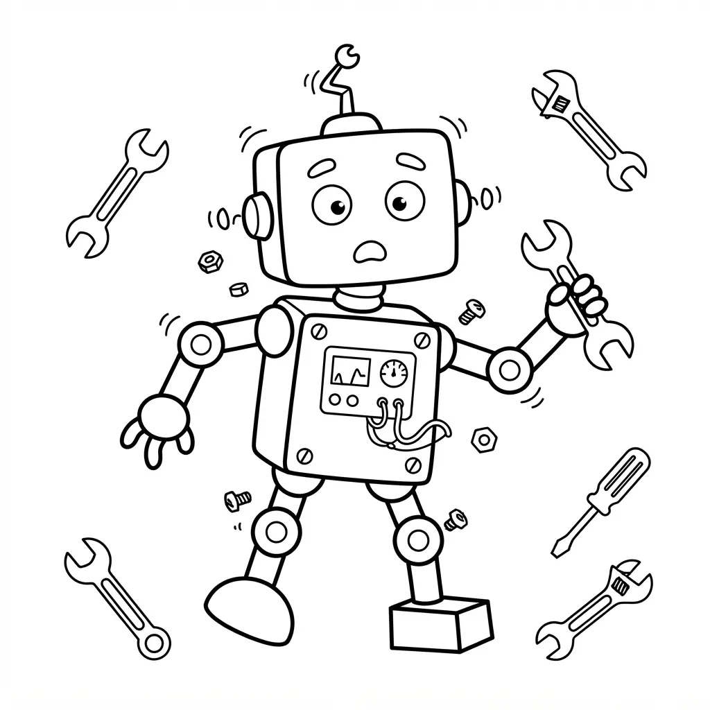 Clumsy robot with loose bolts, uneven feet, a tilted antenna, scattered tools, and playful black outlines.