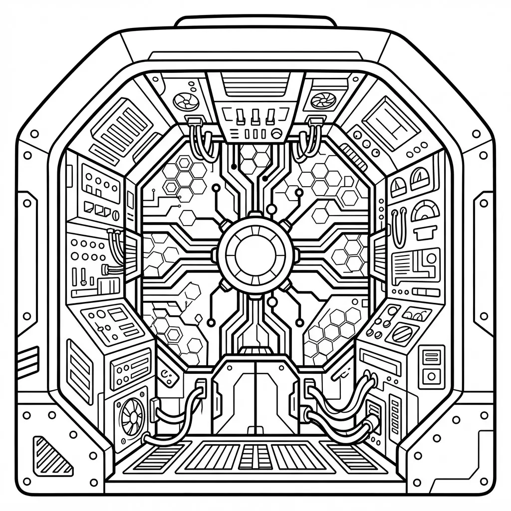 Robot coloring pages showing an advanced AI core inside a chamber with circuit lines, panels, and bright control lights.