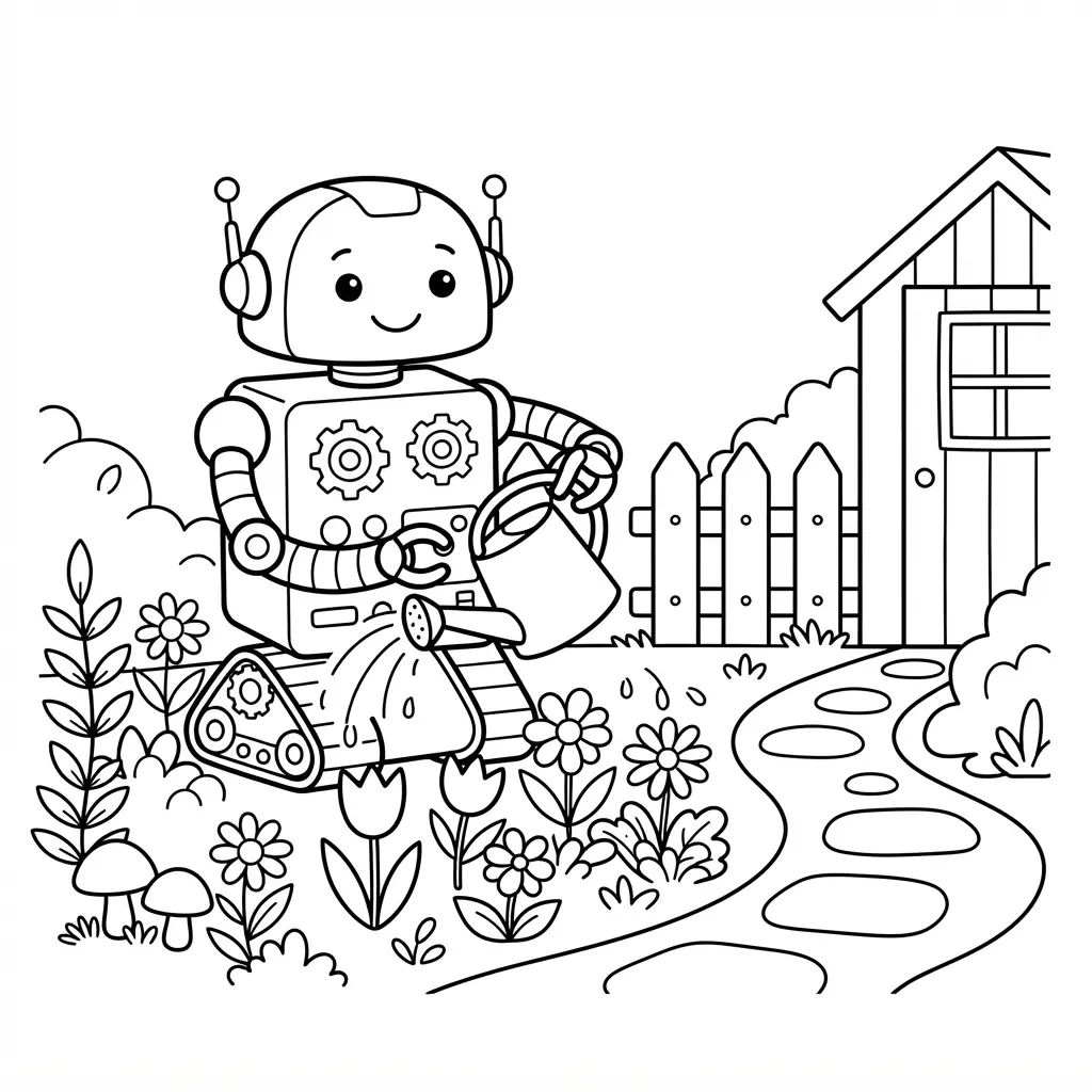 Friendly garden tending robot watering flowers beside a garden path, leafy plants, a fence, and a small shed.