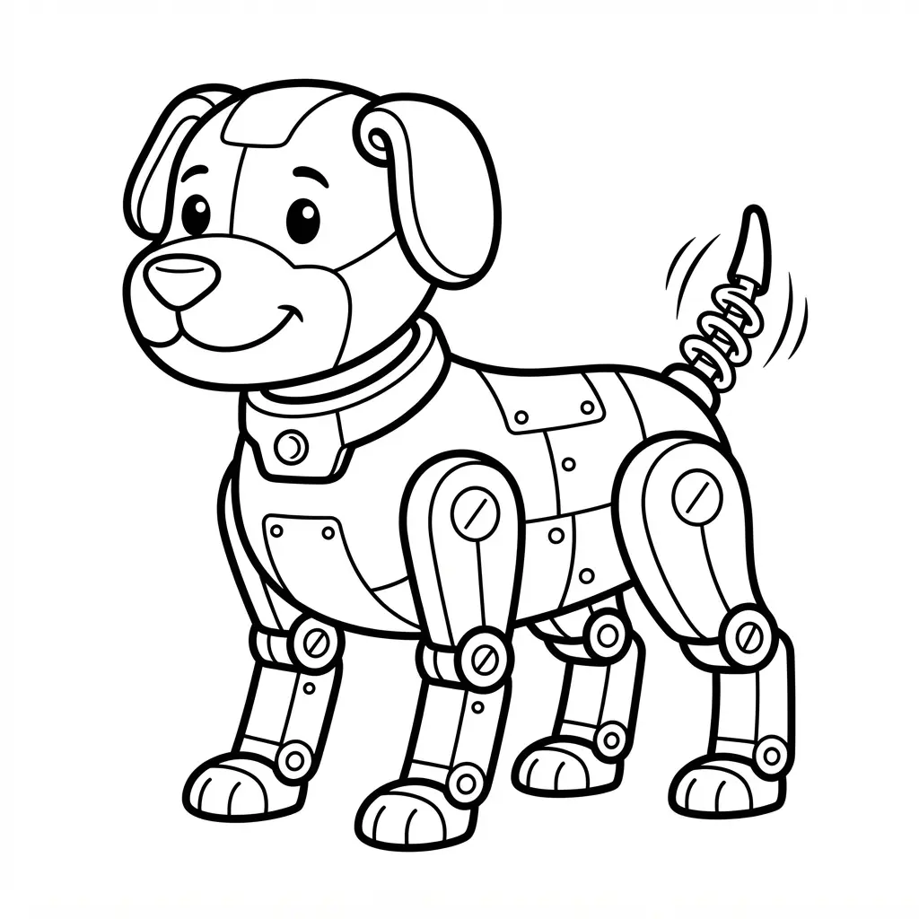Robot coloring pages showing a mechanical dog companion with jointed legs, a collar panel, a wagging tail, and bold outlines.
