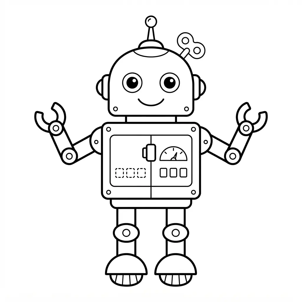 Vintage battery operated robot with a chest panel, antenna, round feet, simple buttons, and clean black linework.