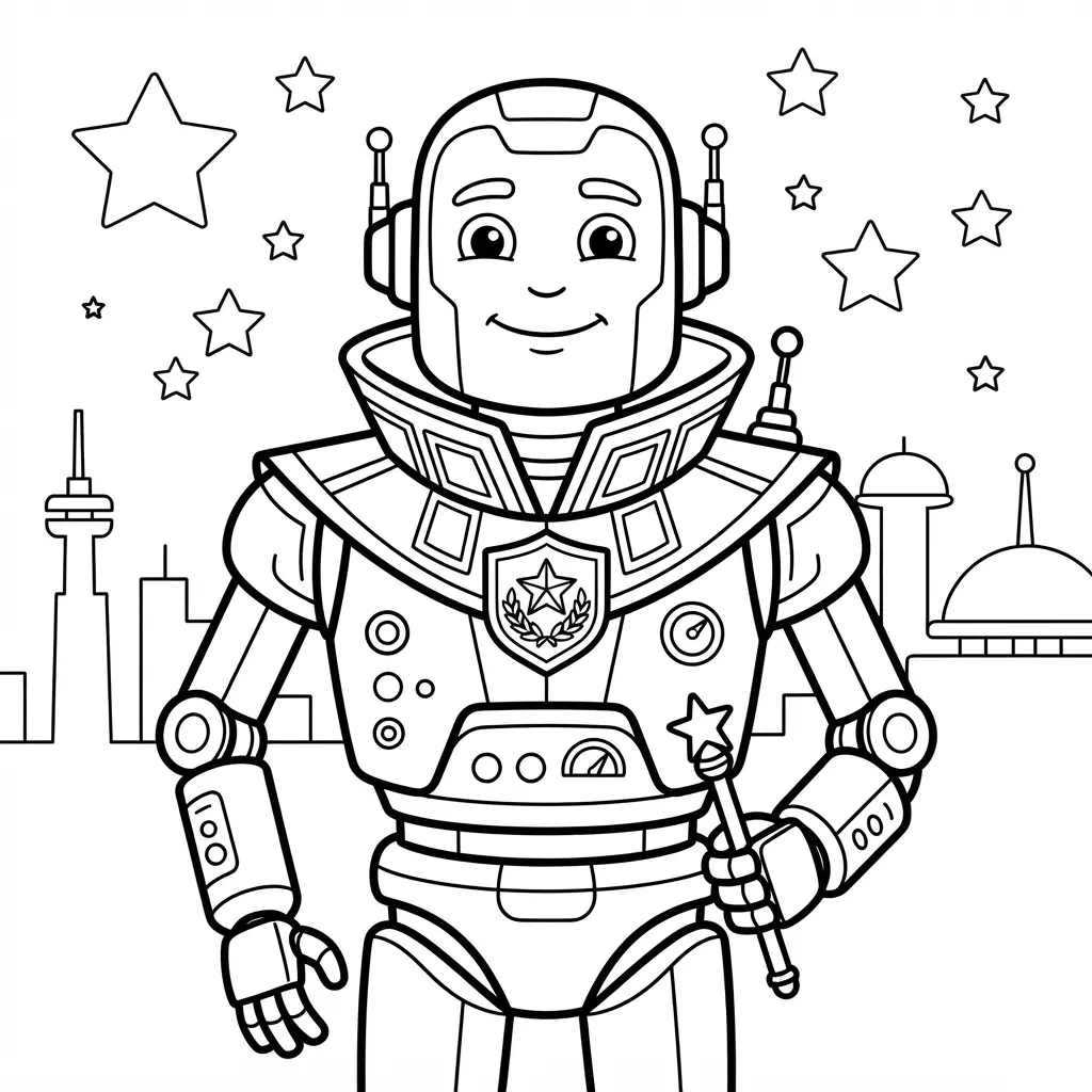 Robot coloring pages showing a galactic diplomat leader with a formal collar, badge, stars, and a futuristic city behind.