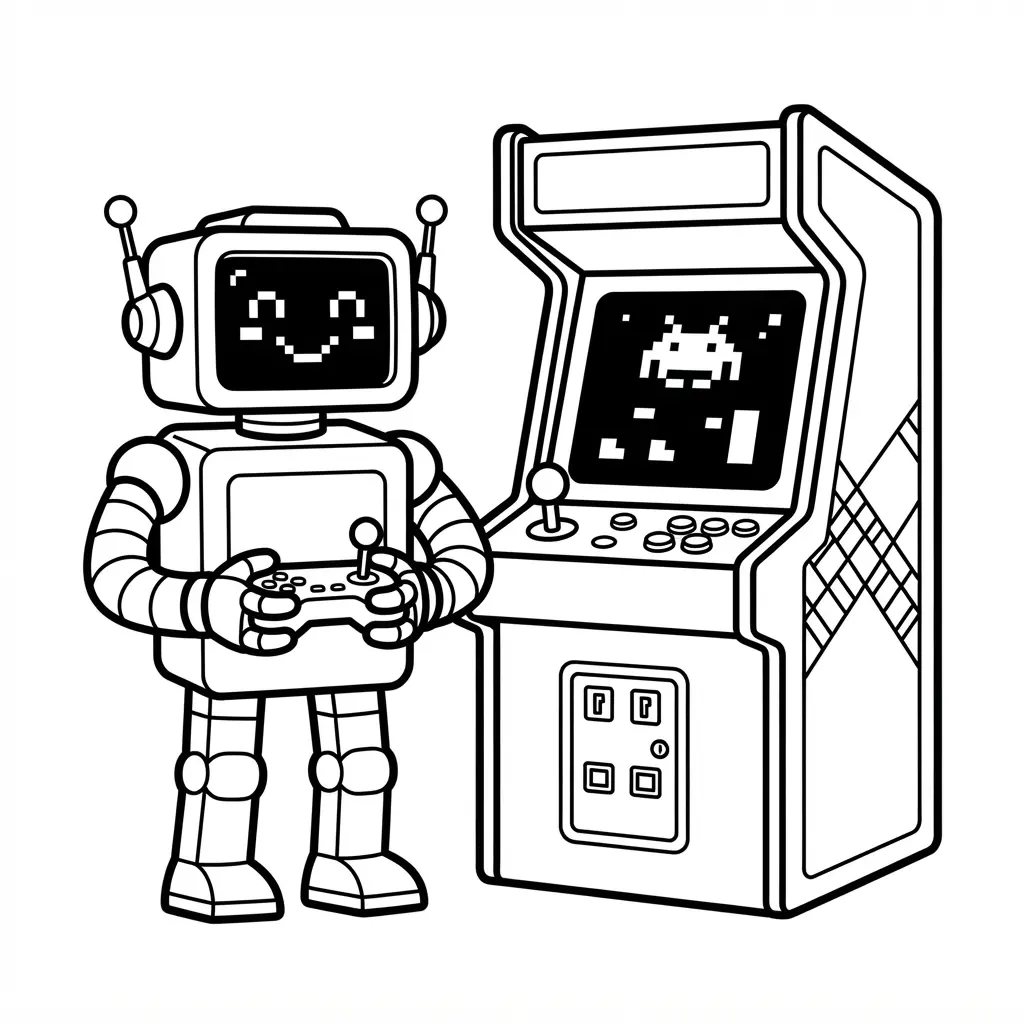 Cybernetic arcade gaming robot holding a controller beside a cabinet, pixel shapes, buttons, and strong outlines.