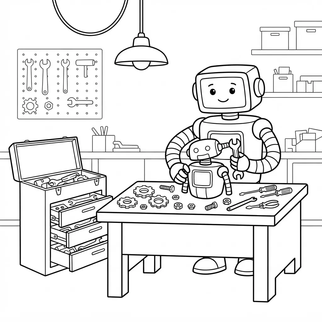 Robot repair workshop with a mechanic bot, open tool chest, spare parts, hanging lamps, and organized workbenches.