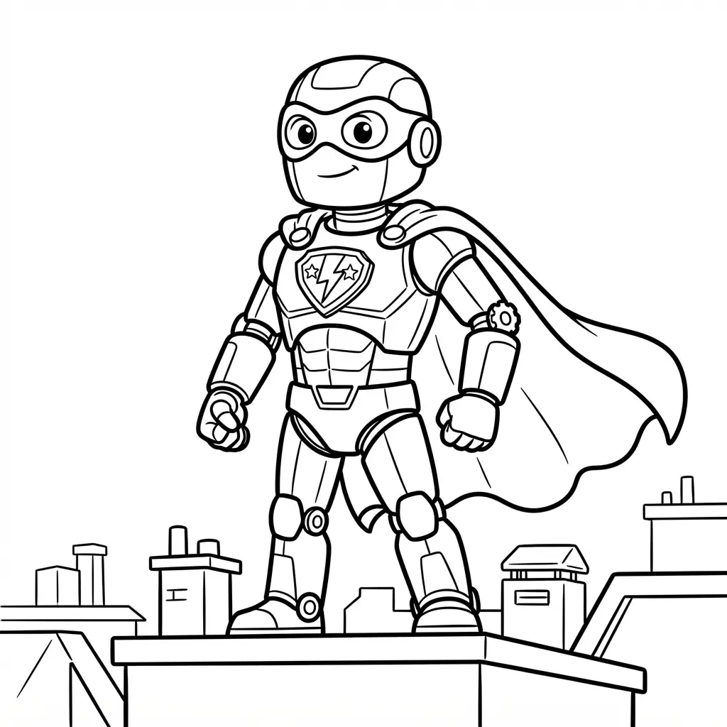 Robot coloring pages showing a masked justice robot with a cape, shield, city rooftops, and thick expressive outlines.