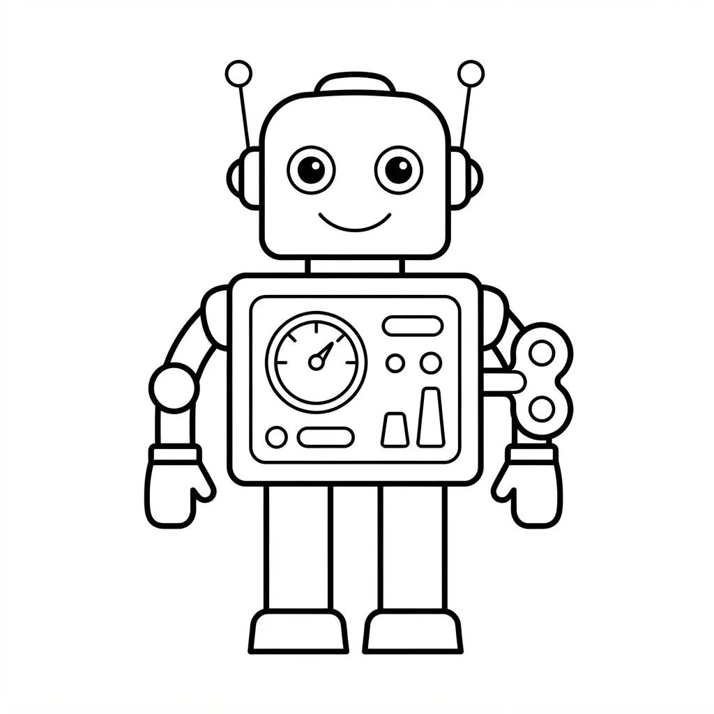 Retro tin toy robot with a square body, wind-up key, round eyes, and clean outlines on a white page.