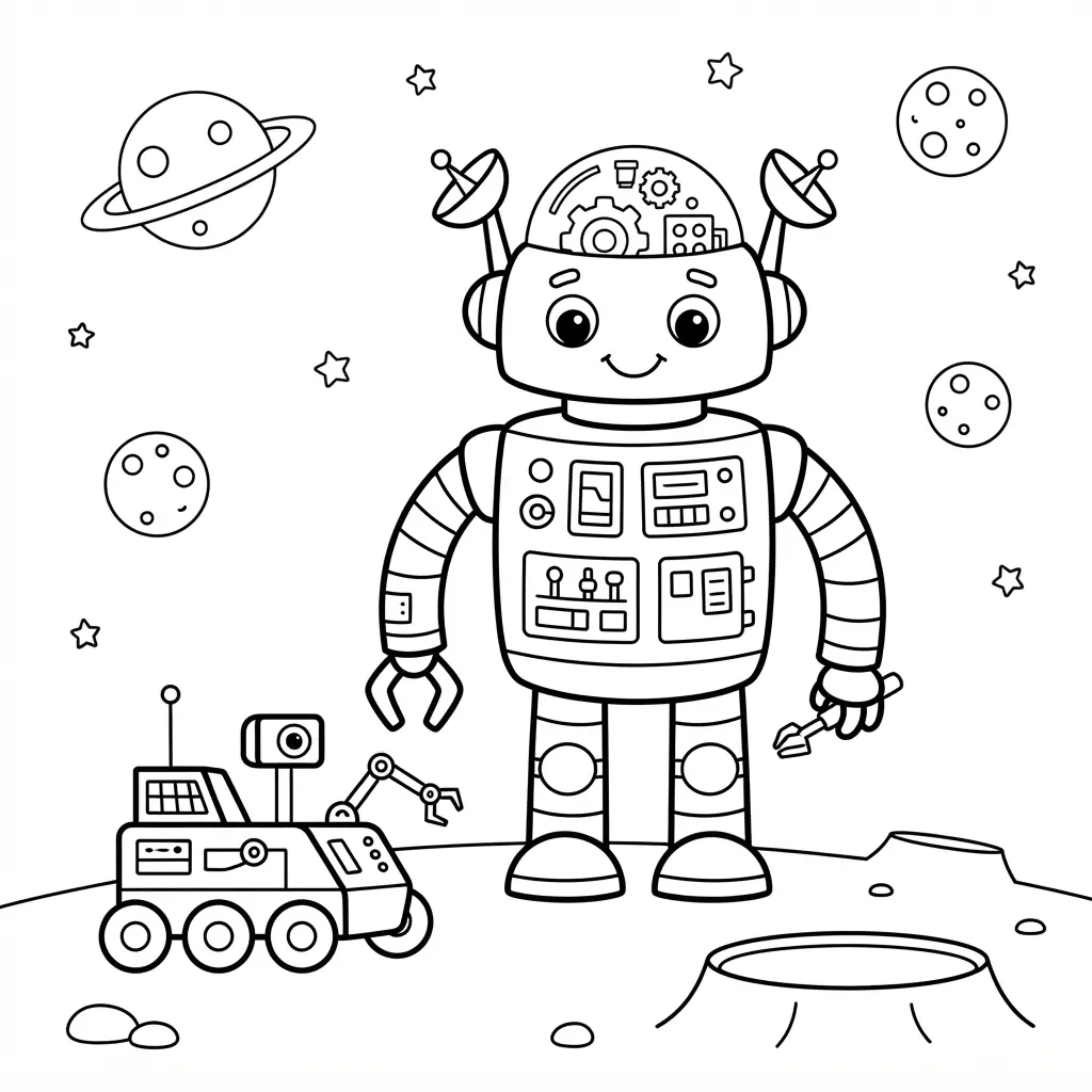 Robot coloring pages showing a space scout robot beside a small rover, distant planets, and a clear star field.