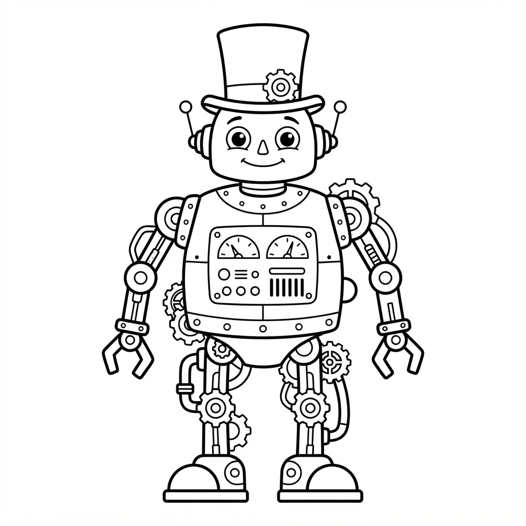 Steampunk clockwork robot with gears, pipes, a tall hat, and strong ink outlines across a detailed printable page.